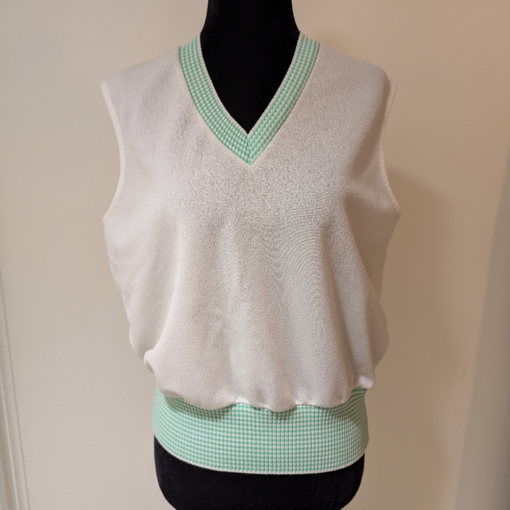 Vintage 1960s Womens Devonette Polytron White Green Vest Top Shortsleeve Large